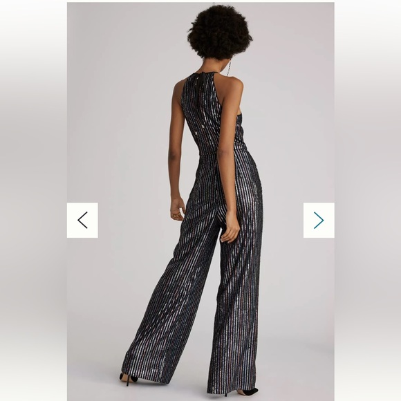 Anthropologie Black and Silver Striped Jumpsuit, Sequins, size 14. - Picture 4 of 16